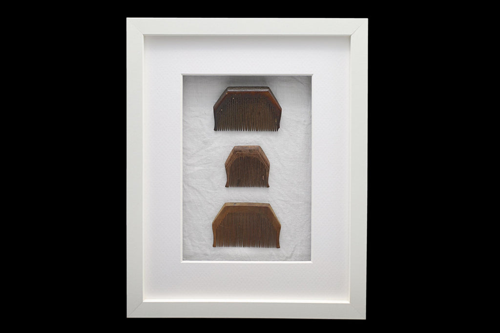 Colonial India, Circa 1920s Hand Carved Wood Combs From Rajasthan Gipsy Tribesmen, Kalbelia, Framed And Read To Hand On Wall, Bathroom Decor