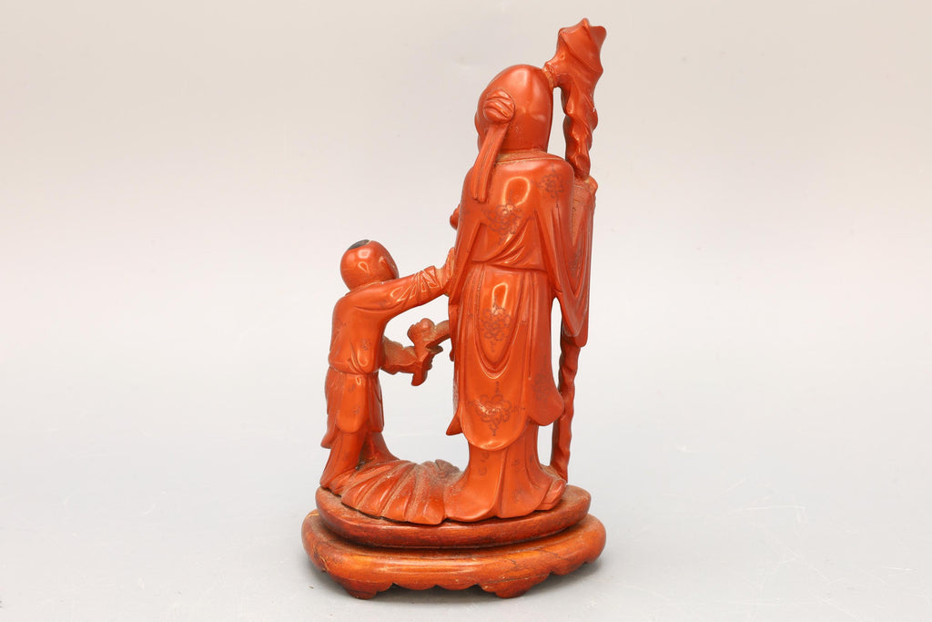 Japanese Hand Carved Wood Figure With An Old Scholar And A Young Companion Student, A Child Pupil, Buddhist Oriental Arts And Crafts