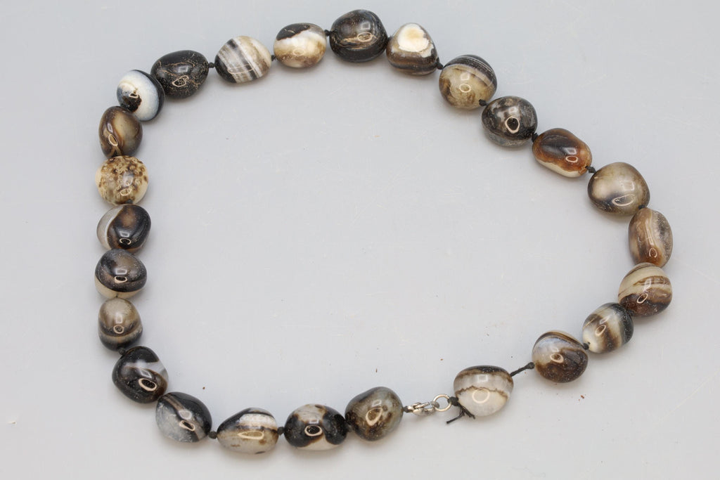 Turkish Banded Agate Beaded Necklace, Simple Starnd Of Free Form Beads, Knotted Necklace, Heavy Natural Stones, Fashion Accessories Jewelry