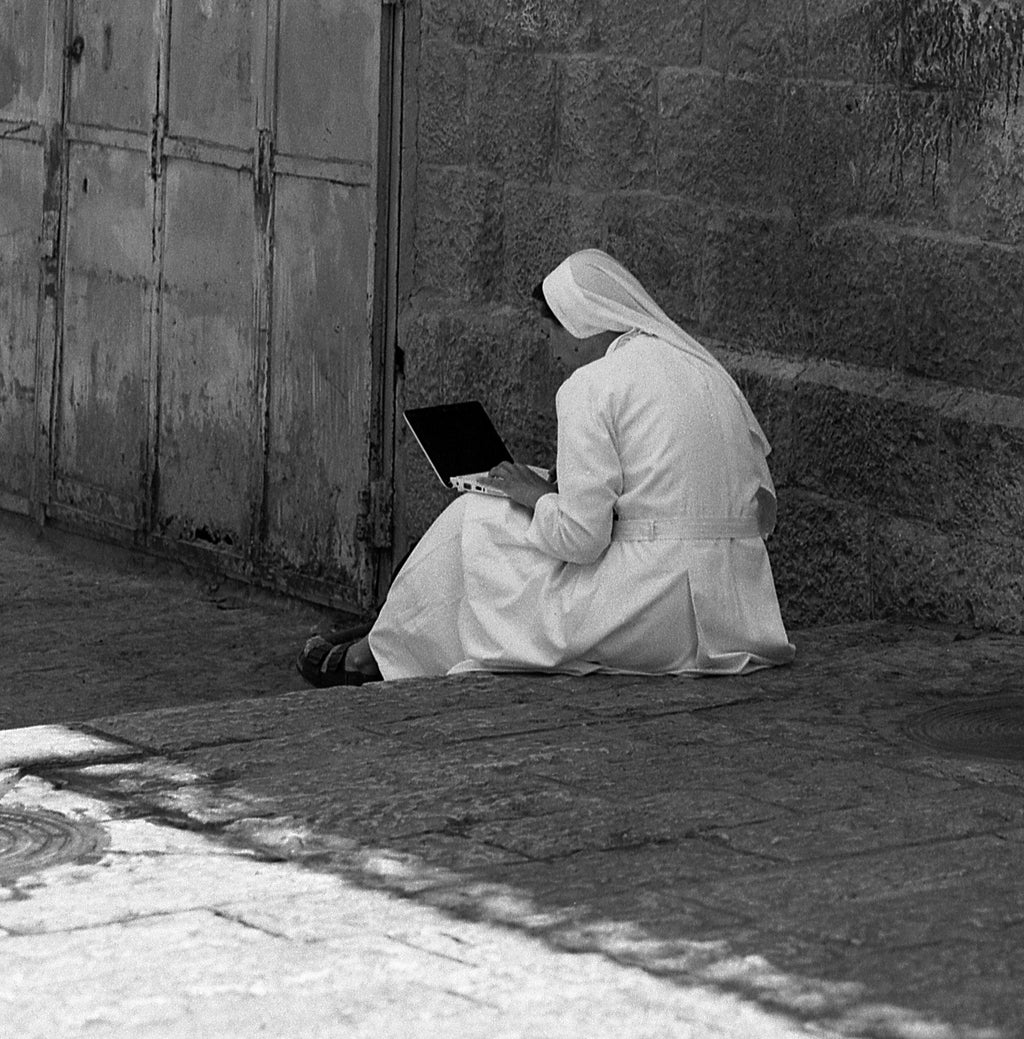 The Technocratic Nun, Suq Aftimos Streets In Jerusalem, Holy Land, Israel, The Calvary Golgotha Hill, Large Size Hasselblad Photo Prints