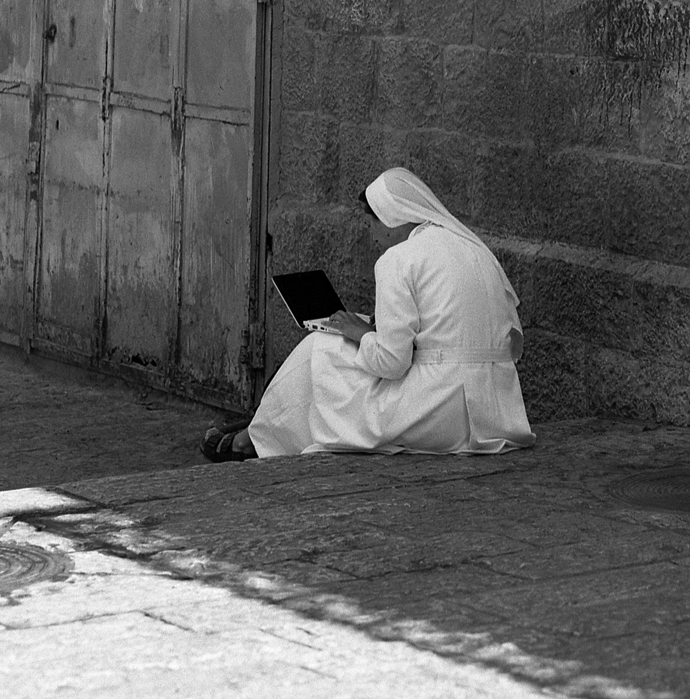 The Technocratic Nun, Suq Aftimos Streets In Jerusalem, Holy Land, Israel, The Calvary Golgotha Hill, Large Size Hasselblad Photo Prints