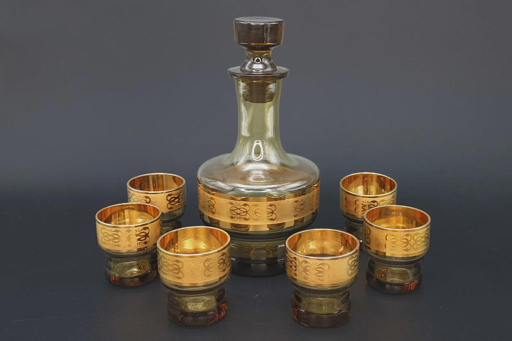 Vintage 1970s Czech Bohemia Decanter Bottle With Six Shots Glasses, USSR Soviet Era Smoky Glass And 24 Karats Yellow Gold Overlay