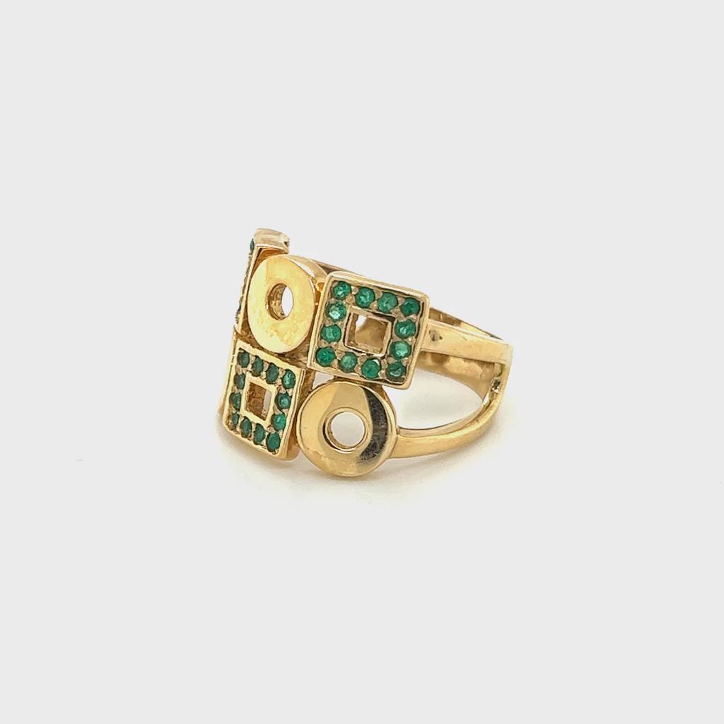 Statement Ring For Woman, 18 Karat Yellow Gold Ring Size 9 With Green Emeralds And A Geometric Design, Weight 11.30 Grams