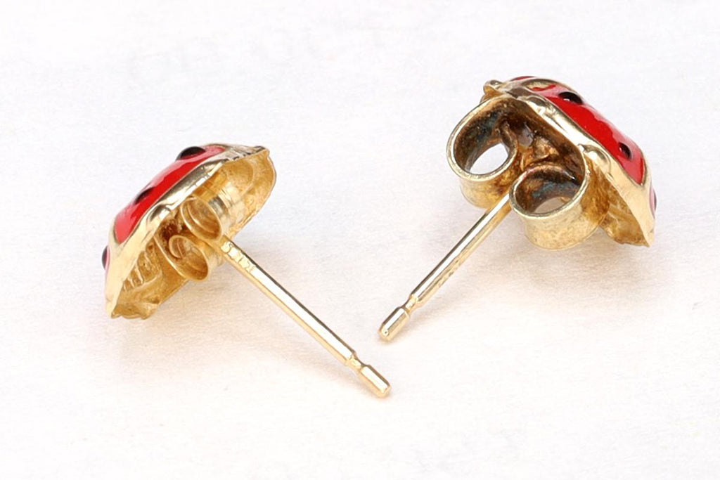 Ladybird Beetle, Small Baby Stud Earrings, Made Out With 14 Karats Yellow Gold And Colorful Enamel In Red Black, Children Jewelry