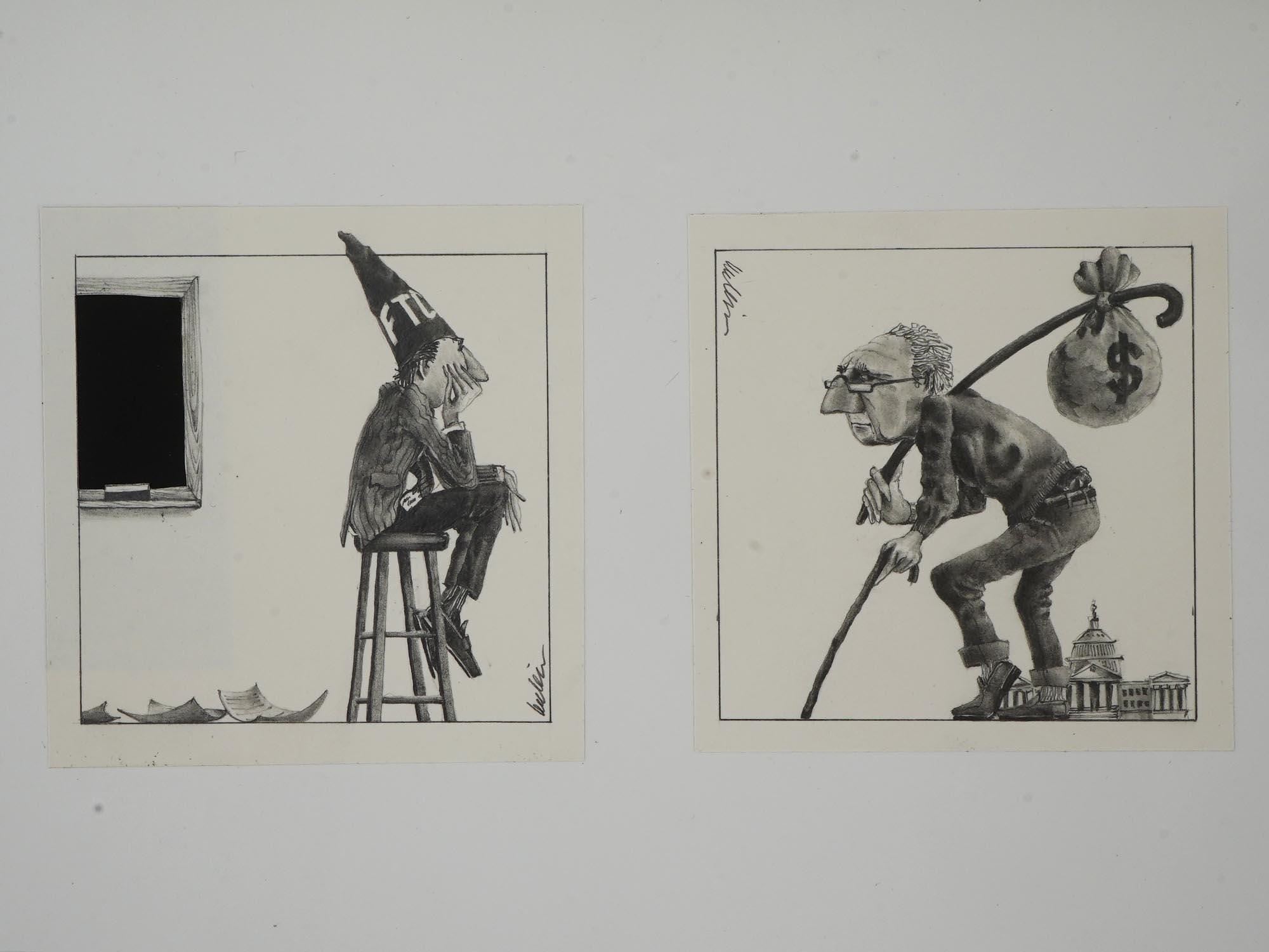 J Michael McGinn, Art Pencil Drawings 1970s, USA Political Caricature, Fortune Magazine, Sheldon Cotler for the Keeping Up, Small Vignettes