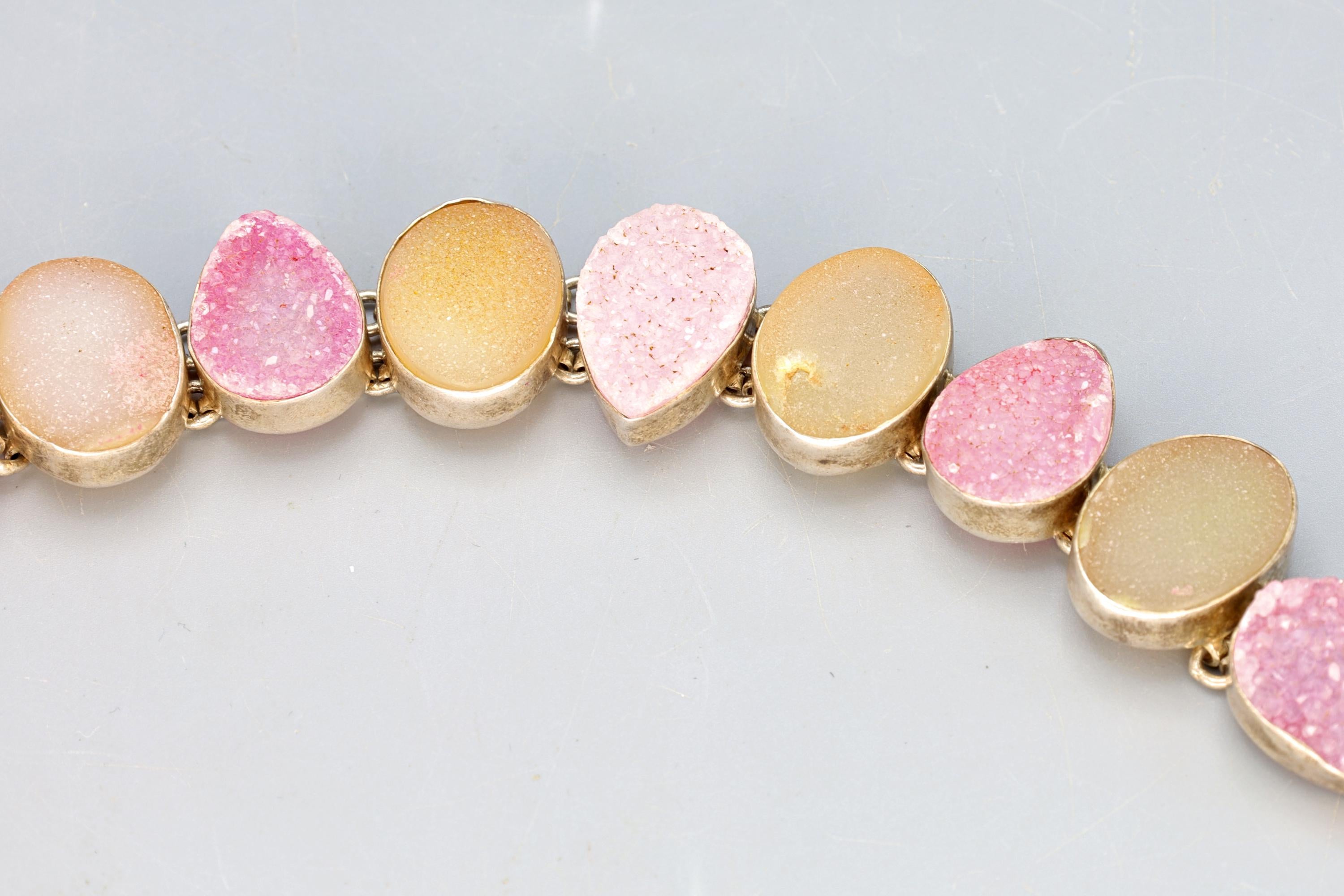 Vintage Multistone Panel Link Bracelet With Pink And Tan Druzy Quartz, Sterling Silver Jewelry For Women, Sparkling Stones