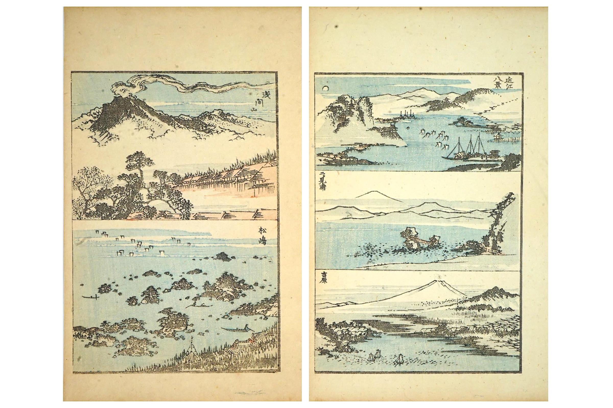 Katsushika Hokusai, Late 18th Century Woodblock Art Print, River Landscapes With Ships From The Gafu Album, Japanese Ukiyo-e Book Pages