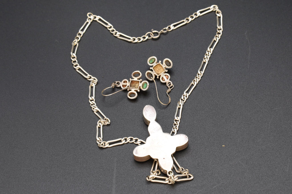 Multi Color Gemstones Jewelry Set, Modernist Cross Pendant Necklace And Dangle Earrings, Sterling Silver, Southwestern Fashion Accessories