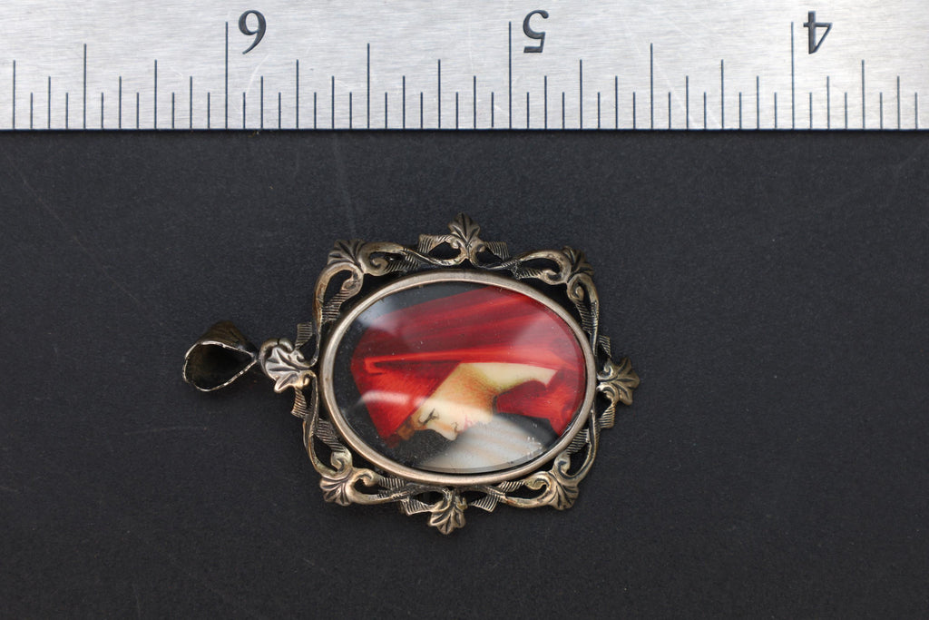 Saint Fabiola Of Rome, Antique 800 Silver Brooch Pin With A Hand Painted Religious Icon Medaillon, Italy 925 Silver Braided Chain Jewelry