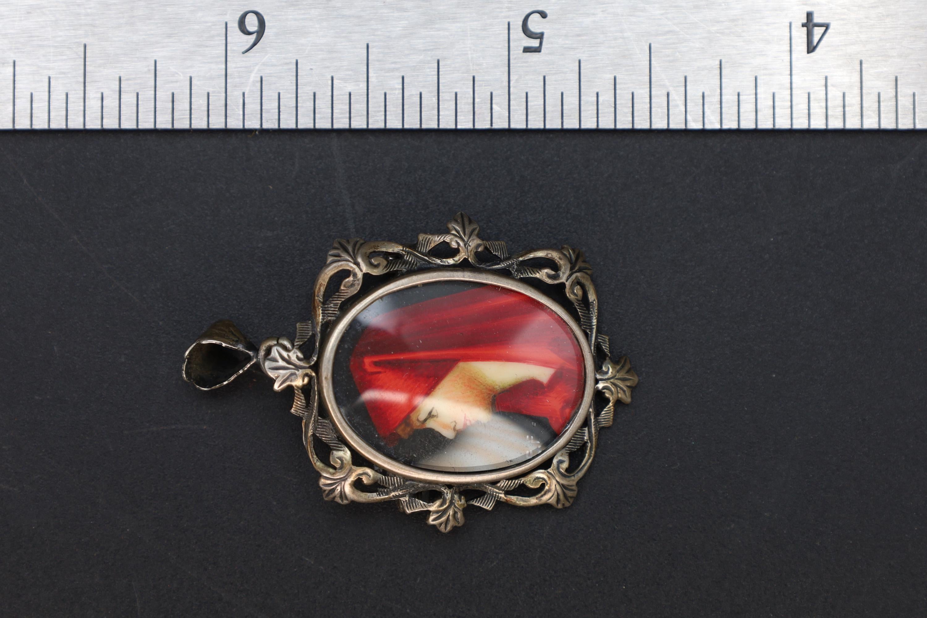 Saint Fabiola Of Rome, Antique 800 Silver Brooch Pin With A Hand Painted Religious Icon Medaillon, Italy 925 Silver Braided Chain Jewelry