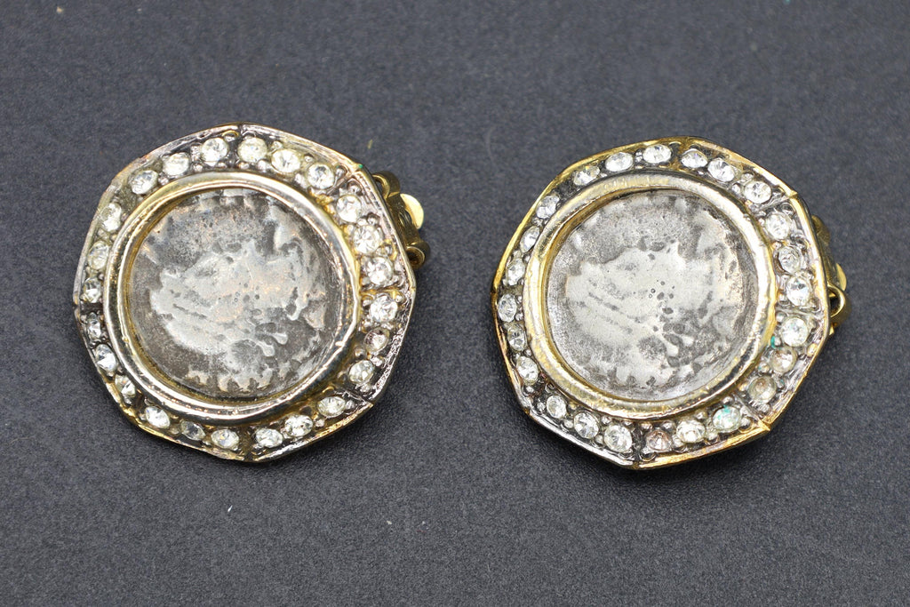 Vintage Kenneth Jay Lane Jewelry, Clip On Earrings With Roman Coin And Clear Stone Accents On Gold Tone Base