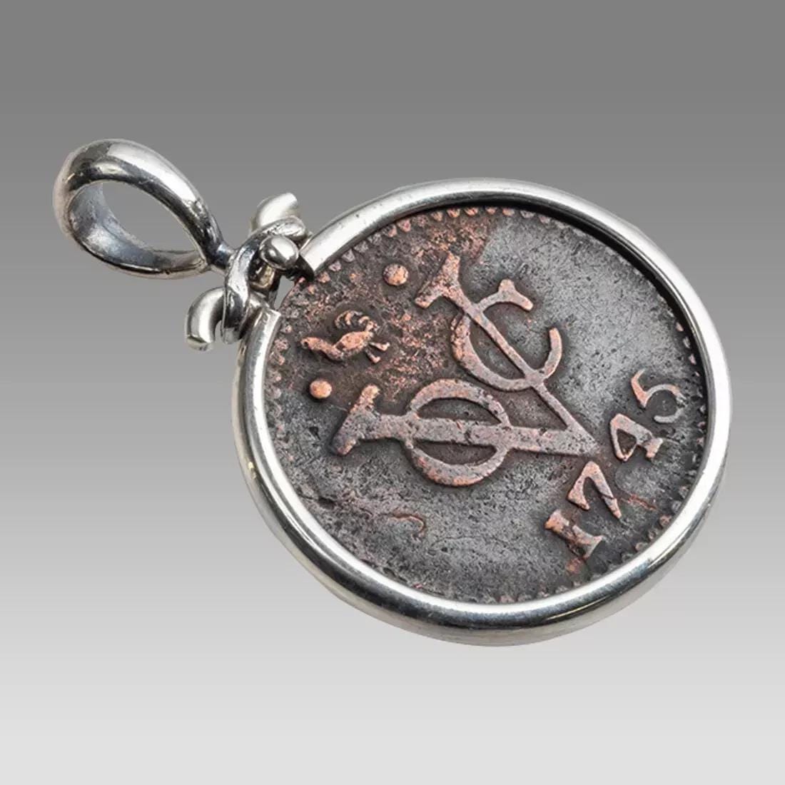 Sterling Silver Pendant With A Dutch East India Company Copper Coin VOC 1745, Coin Jewelry Art, Unisex Fashion, 18th Century Coins
