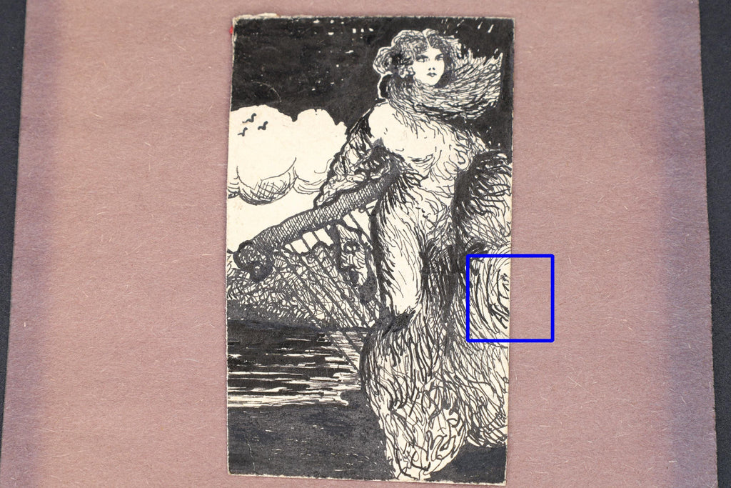 Muse of The Artist, Antique 1900s Art Nouveau Ink Painting On Paper By Paulo Antonini, Signed, Italian American Miniature Female Portrait