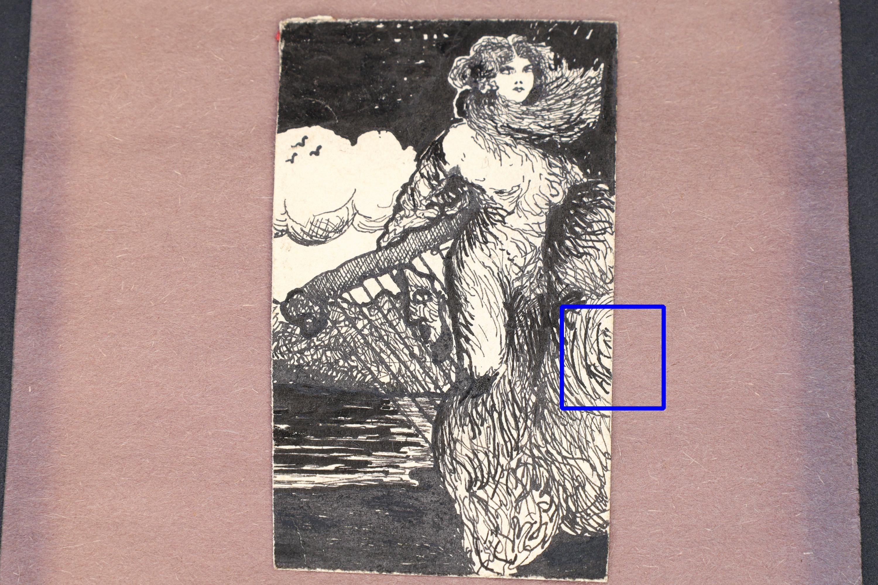 Muse of The Artist, Antique 1900s Art Nouveau Ink Painting On Paper By Paulo Antonini, Signed, Italian American Miniature Female Portrait