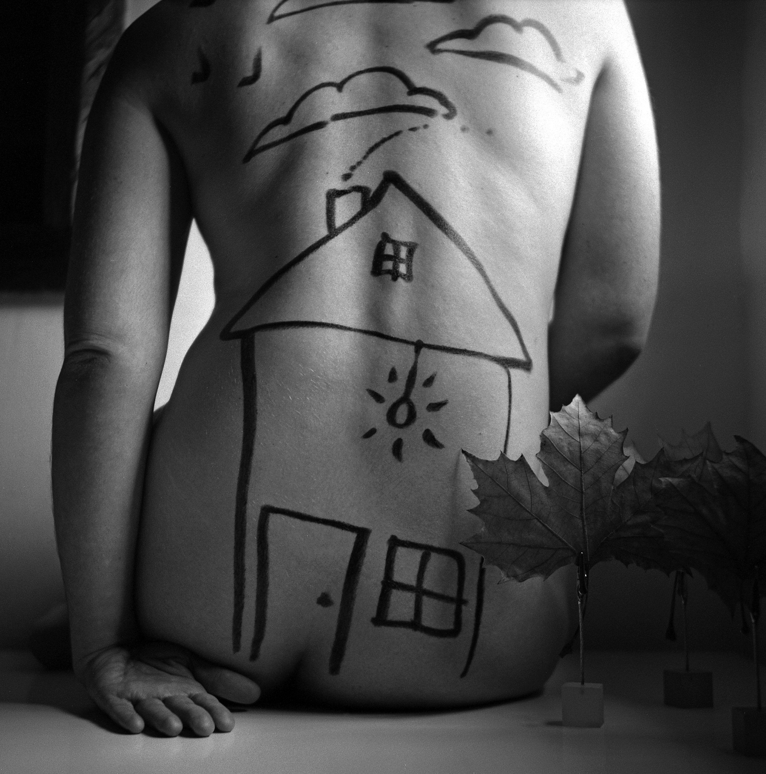 Hansel and Gretel, the Haunted House in the Woods, Black White Analogue Photography Prints 24 x 24 inches. Female Body Art Painting