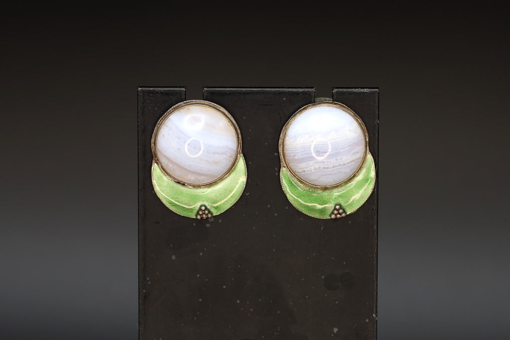Large Stud Earrings, Green Enamel And Blue Banded Agate, Gold Gilt Wash Vermeil, Modernist Design, Vintage Fashion Accessories, Gift to her