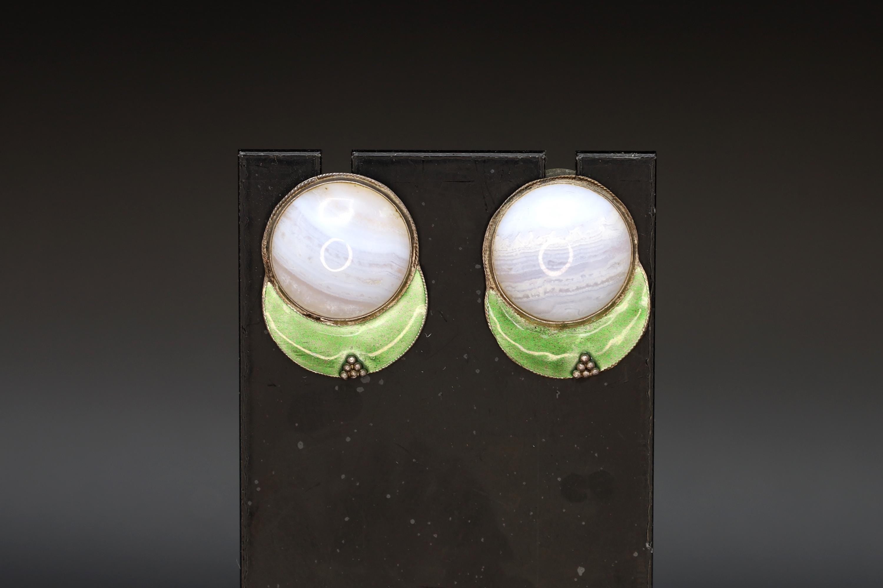 Large Stud Earrings, Green Enamel And Blue Banded Agate, Gold Gilt Wash Vermeil, Modernist Design, Vintage Fashion Accessories, Gift to her
