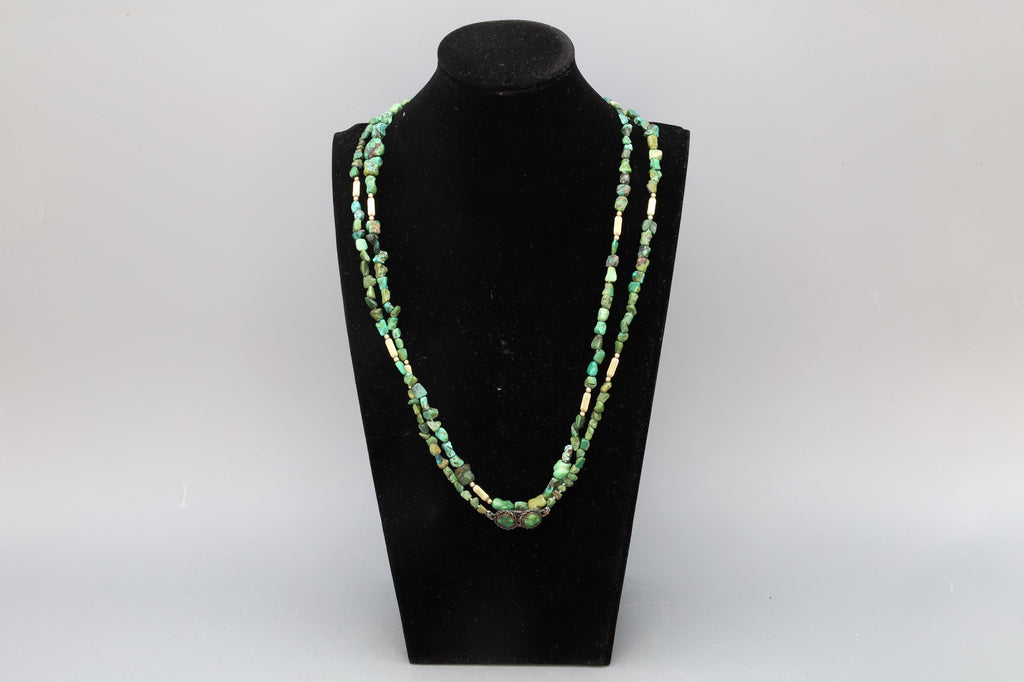 EXTRA LONG Vintage 1920s Chinese Exports Beaded Necklace, Green Turquoise And Sterling Silver, Gemstone Nuggets