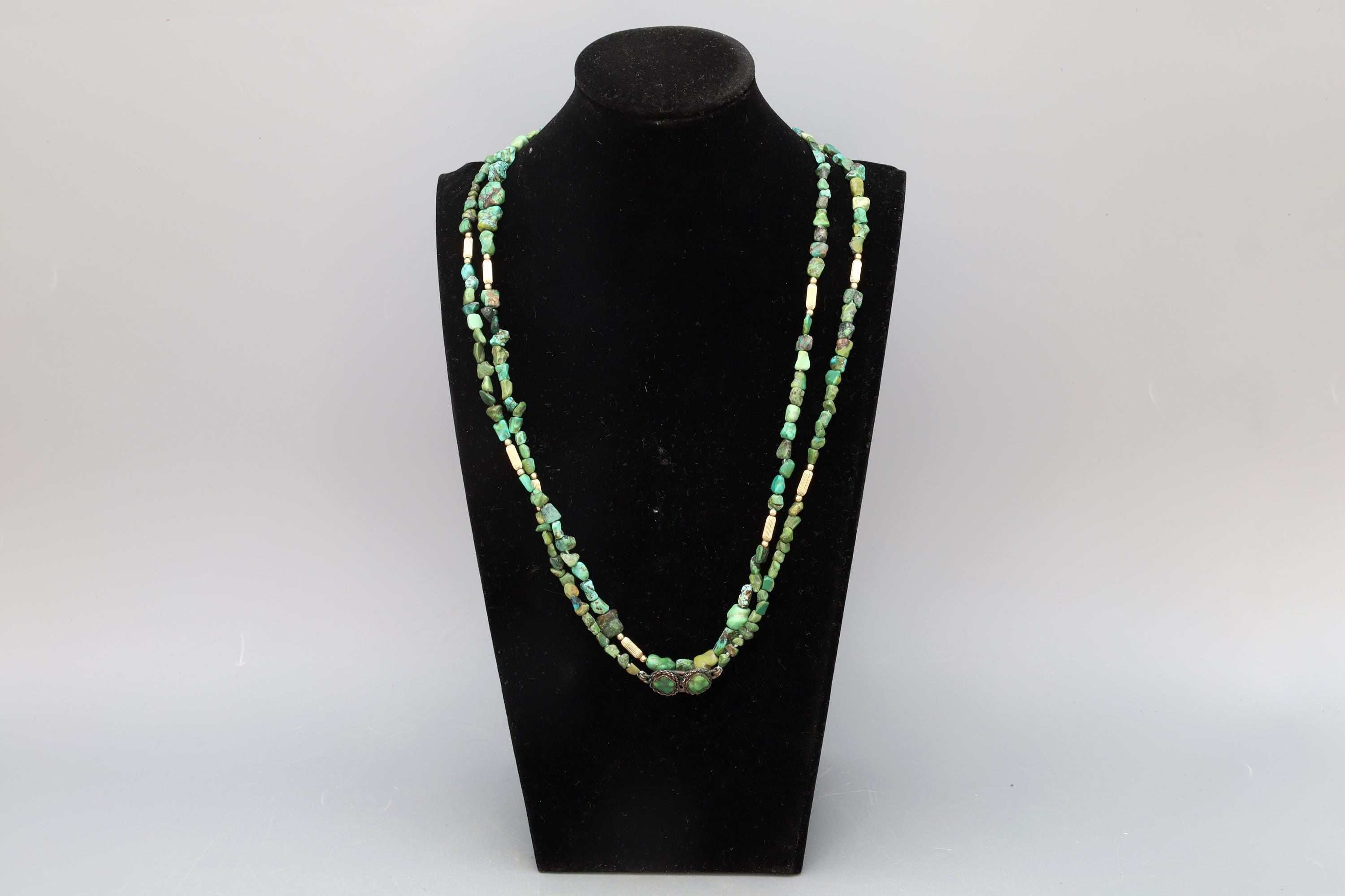 EXTRA LONG Vintage 1920s Chinese Exports Beaded Necklace, Green Turquoise And Sterling Silver, Gemstone Nuggets