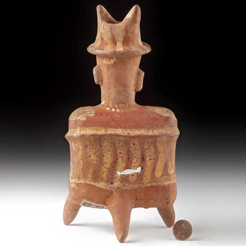 Ancient Pre Columbian Nayarit Pottery Seated Male Warrior Holding Chief’s Baton 300 BCE to 300 AD, West Mexico, Mesoamerican Tomb Burial Art