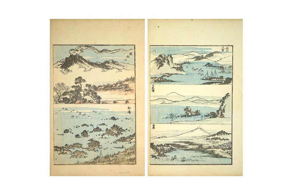 Katsushika Hokusai, Late 18th Century Woodblock Art Print, River Landscapes With Ships From The Gafu Album, Japanese Ukiyo-e Book Pages