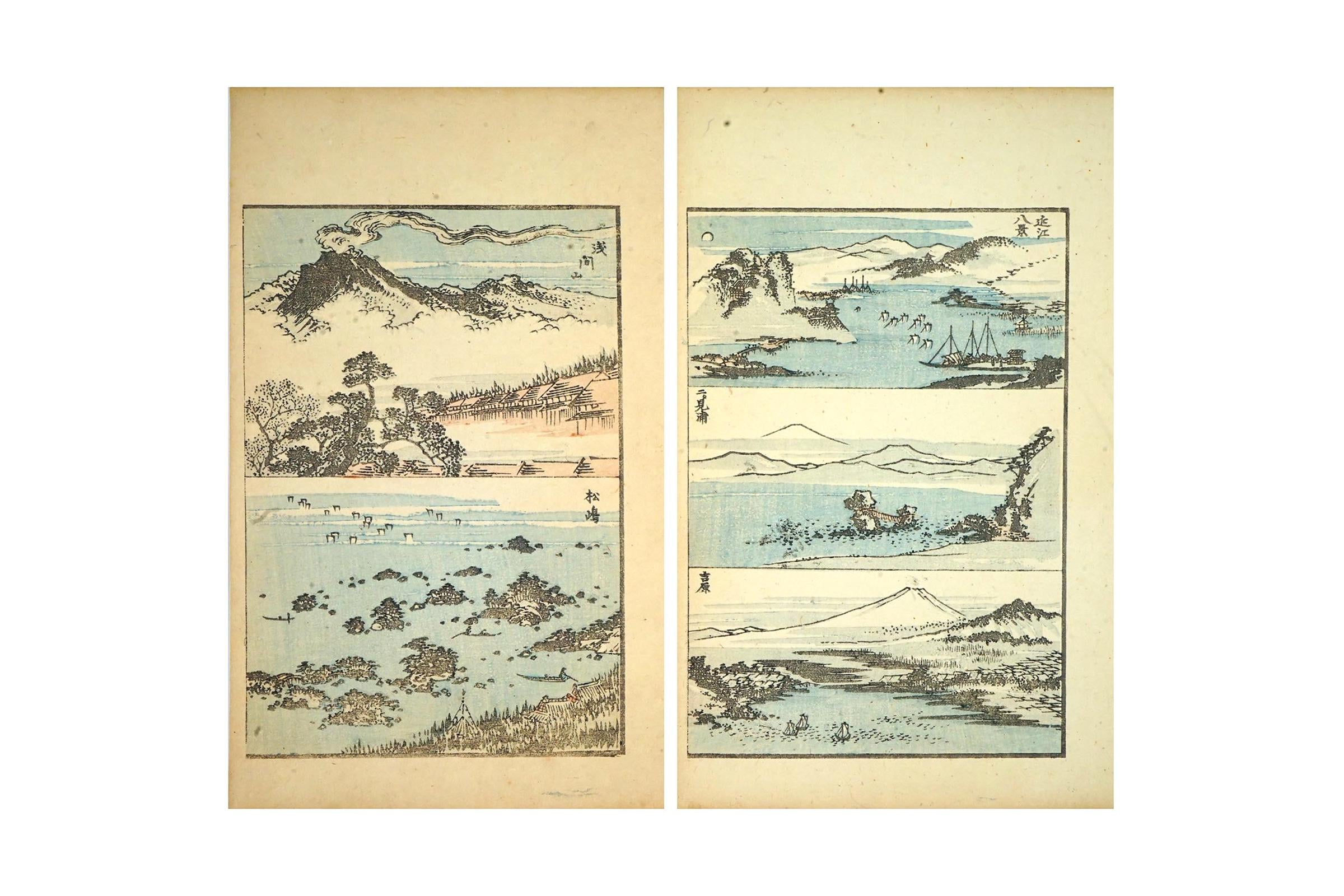 Katsushika Hokusai, Late 18th Century Woodblock Art Print, River Landscapes With Ships From The Gafu Album, Japanese Ukiyo-e Book Pages