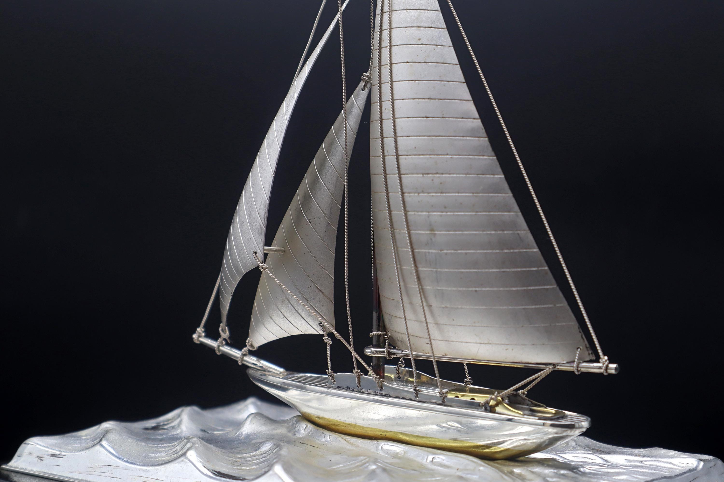 Handmade And Finely Detailed Silver Electroplated Model Of A Sailing Ship, Sports Boat Sculpture By Japanese Silversmith Seki Takehiko