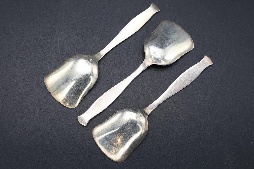 Denmark Guilloche And Sterling Silver Sugar Spoons, Group Of 3 Units, Scandinavian, Mid Century Cutlery Flatware Tableware Decor