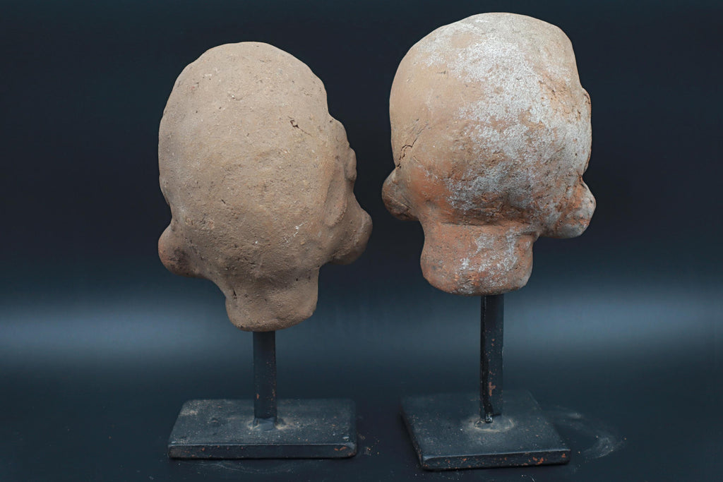 Majapahit Terracotta Heads, A Pair Of Female Sculptures On Metal Stands, East Java, Indonesia, Ethnic Southeast Asia Home Decoration Accents