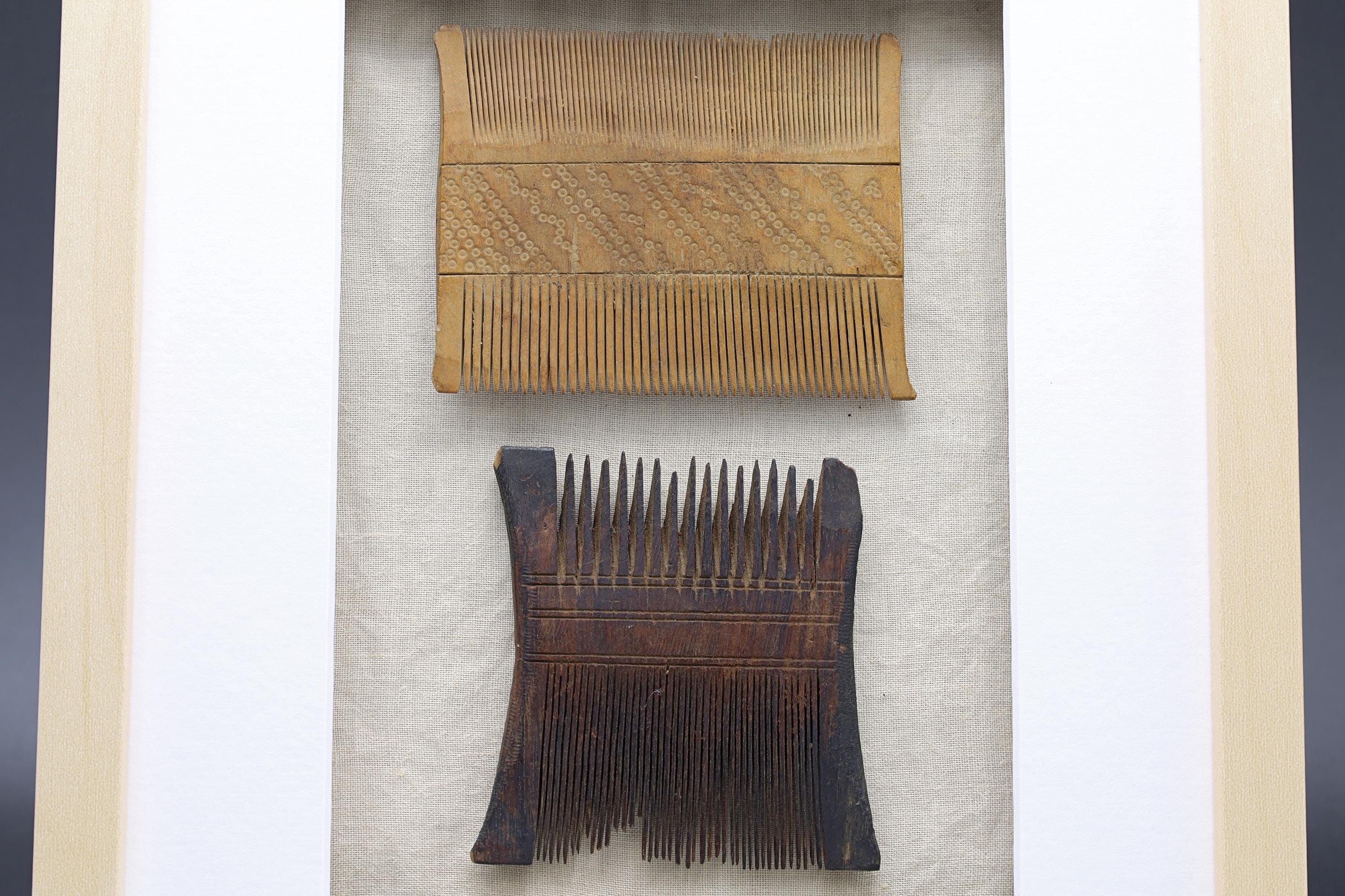 Colonial India, Circa 1920s Hand Carved Wood Combs From Rajasthan Gipsy Tribesmen, Kalbelia, Framed And Read To Hand On Wall, Bathroom Decor