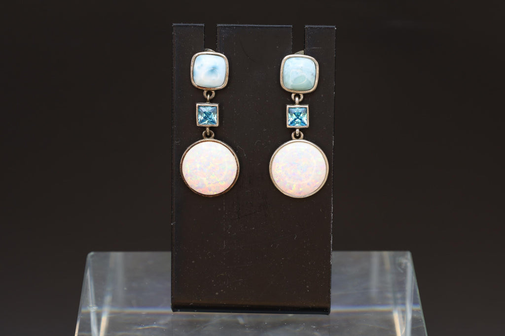 Avant Garde Drop Dangle Earrings, 925 Sterling Silver, Blue Larimar, Blue Topaz And Lab Opal Stones, Retro Fashion Jewelry, Vintage Dangles