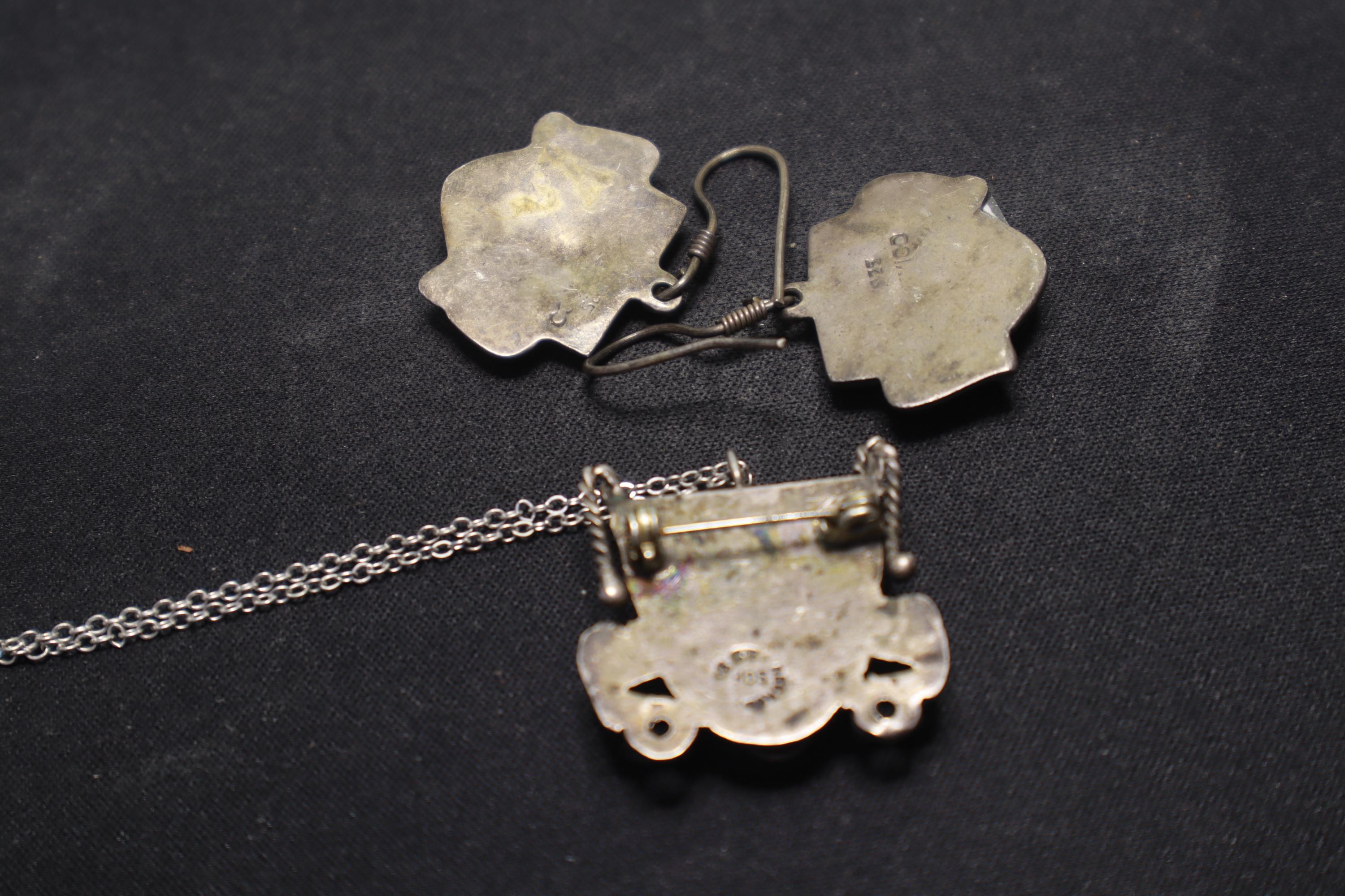 Vintage 1940s Jewelry Set, Neo Aztec Pendant Necklace And Dangle Earrings, Art Deco Pre-Columbian Designs, Mexican 925 Sterling Silver