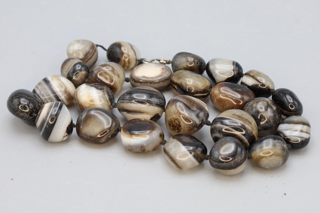 Turkish Banded Agate Beaded Necklace, Simple Starnd Of Free Form Beads, Knotted Necklace, Heavy Natural Stones, Fashion Accessories Jewelry