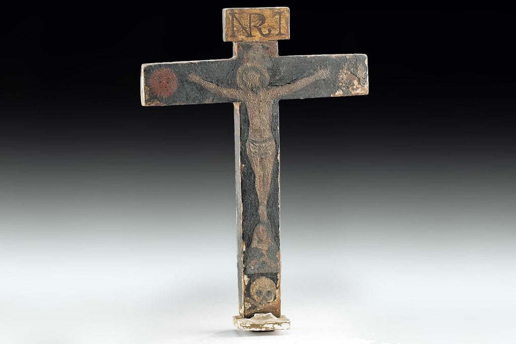 Late 19th Century Catholic Standing Crucifixion, The Holy Cross Of Souls, Cruz De Las Animas, Painted Wood Ex Voto, Mexican Religious Art