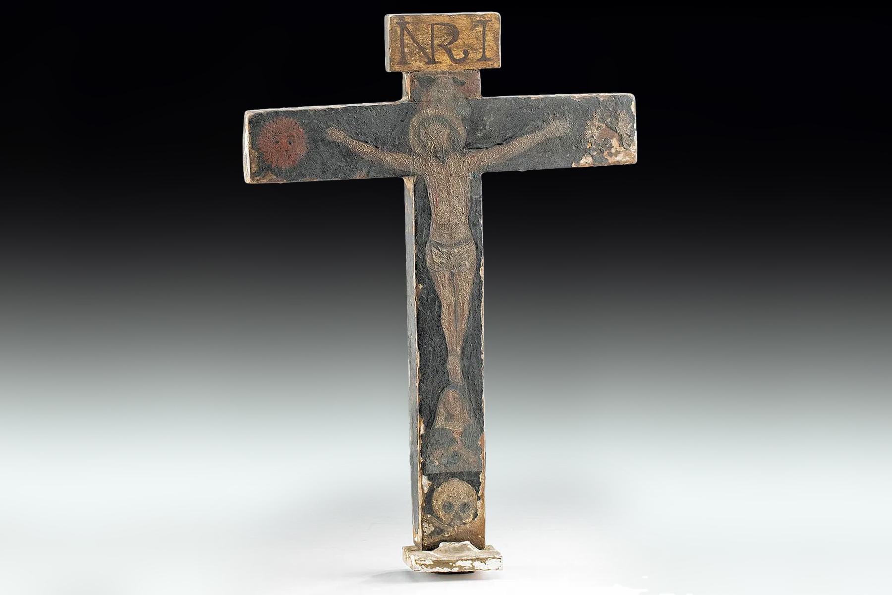 Late 19th Century Catholic Standing Crucifixion, The Holy Cross Of Souls, Cruz De Las Animas, Painted Wood Ex Voto, Mexican Religious Art