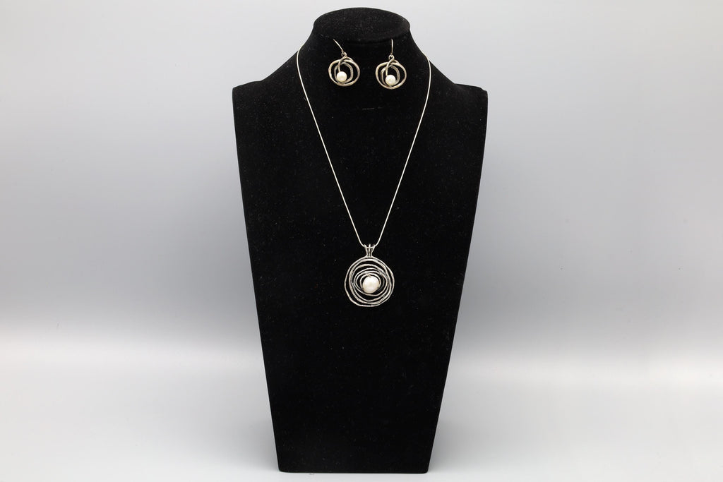 Israel Brutalist Jewelry Set With Abstract Spiral Nest 925 Silver And Round Pearl Accents, Pendant On A Cable Chain, Wire Dangle Earrings