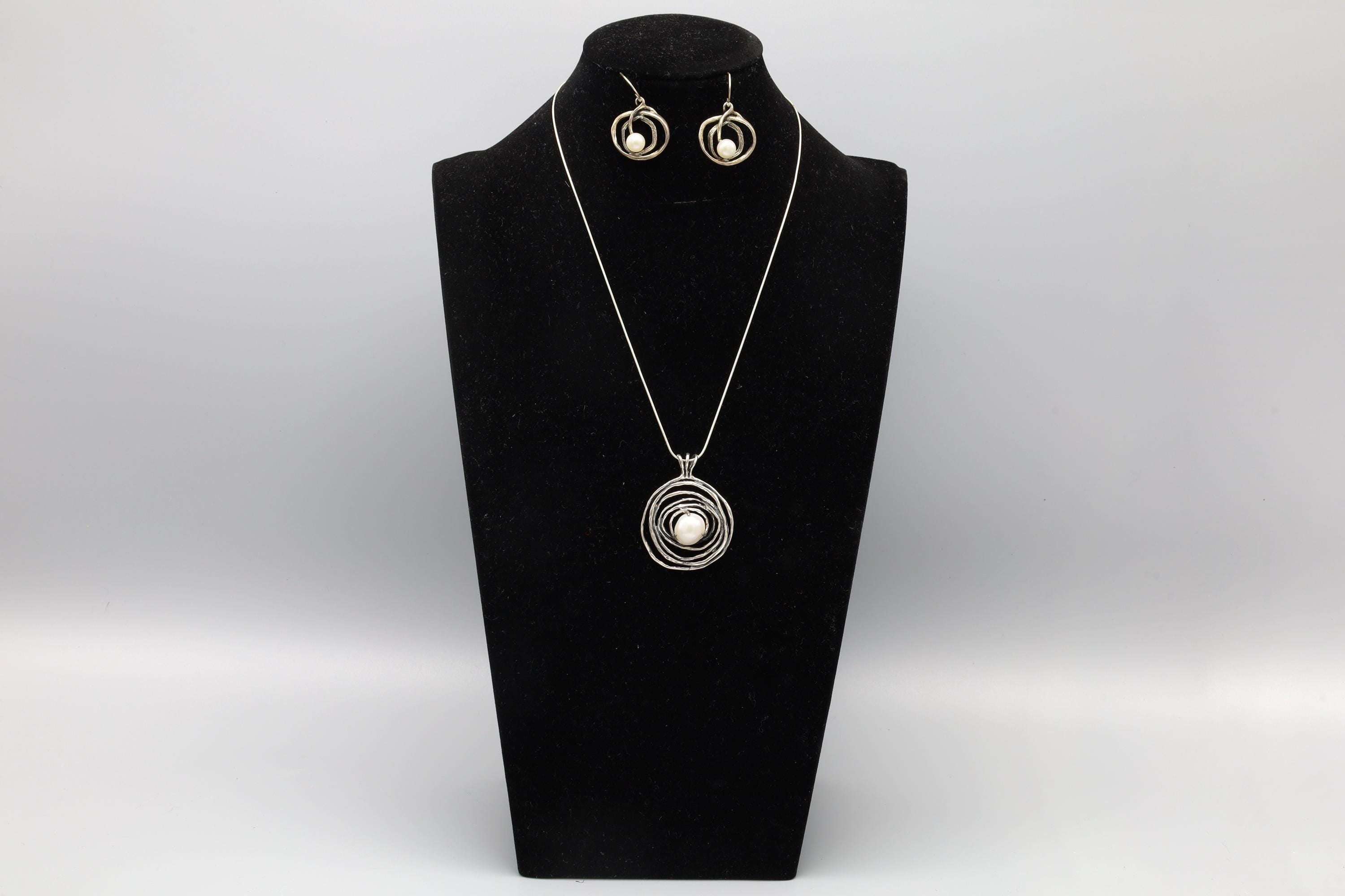 Israel Brutalist Jewelry Set With Abstract Spiral Nest 925 Silver And Round Pearl Accents, Pendant On A Cable Chain, Wire Dangle Earrings