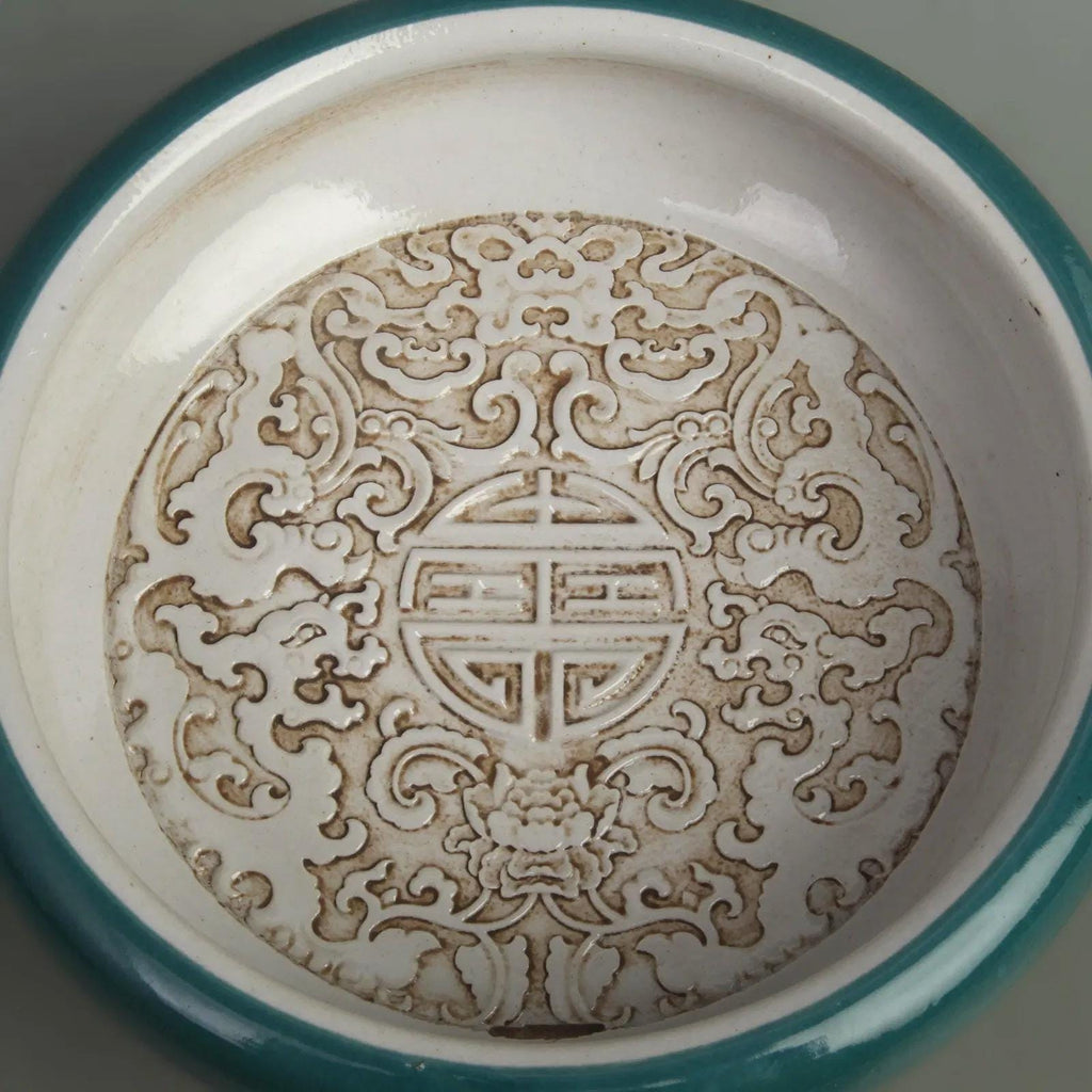 Antique Wang Bingrong's Peacock Green Glazed Inner Carved Porcelain Brush Washer,  Flower Pot In A Qing Dynasty Style, Oriental Home Decor