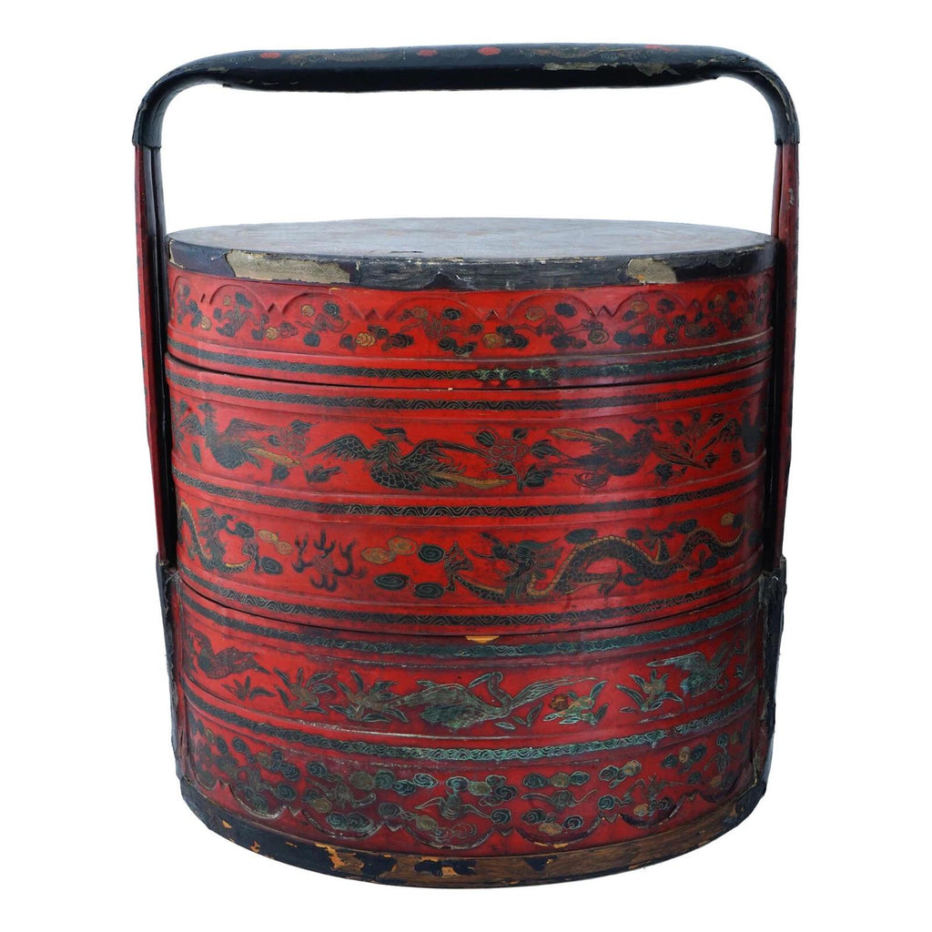 Antique Late 1800s Qing Dynasty Chinese Rice Bucket, Wooden Picnic Red Basket, Wedding Gifts, Hamper With Top Lid, Dry Food Nuts Container