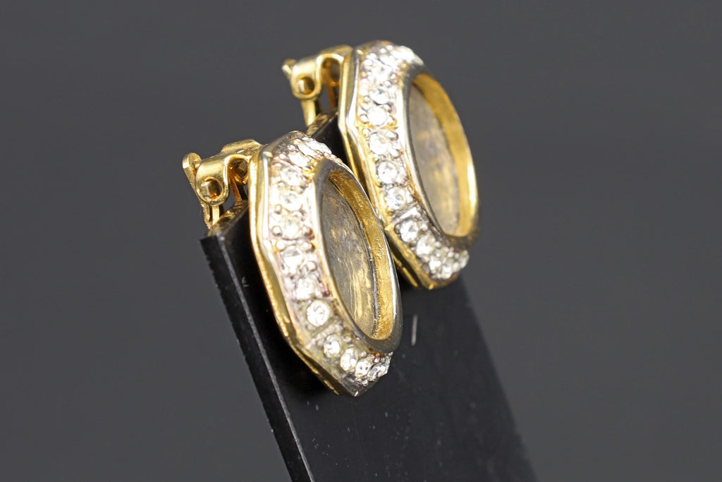 Vintage Kenneth Jay Lane Jewelry, Clip On Earrings With Roman Coin And Clear Stone Accents On Gold Tone Base