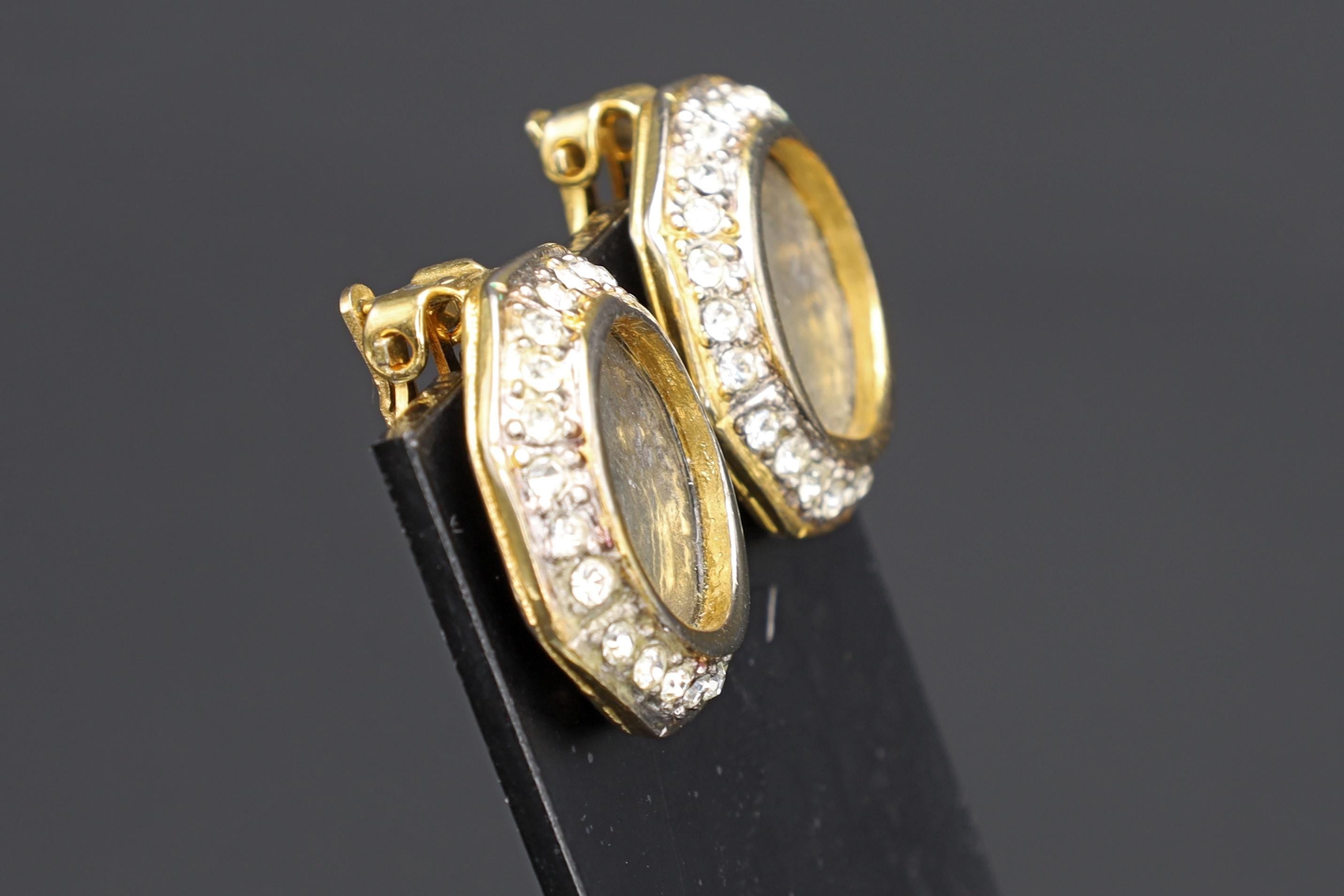 Vintage Kenneth Jay Lane Jewelry, Clip On Earrings With Roman Coin And Clear Stone Accents On Gold Tone Base