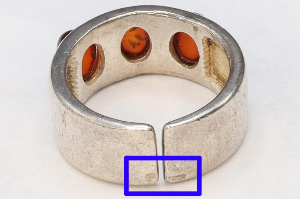 Baltic Amber And 925 Sterling Silver Ring, A Modernist Band Ring Size 8 With 3 Amber Cabochons And Hallmark, Breslau Wroclaw Poland Jewelry,