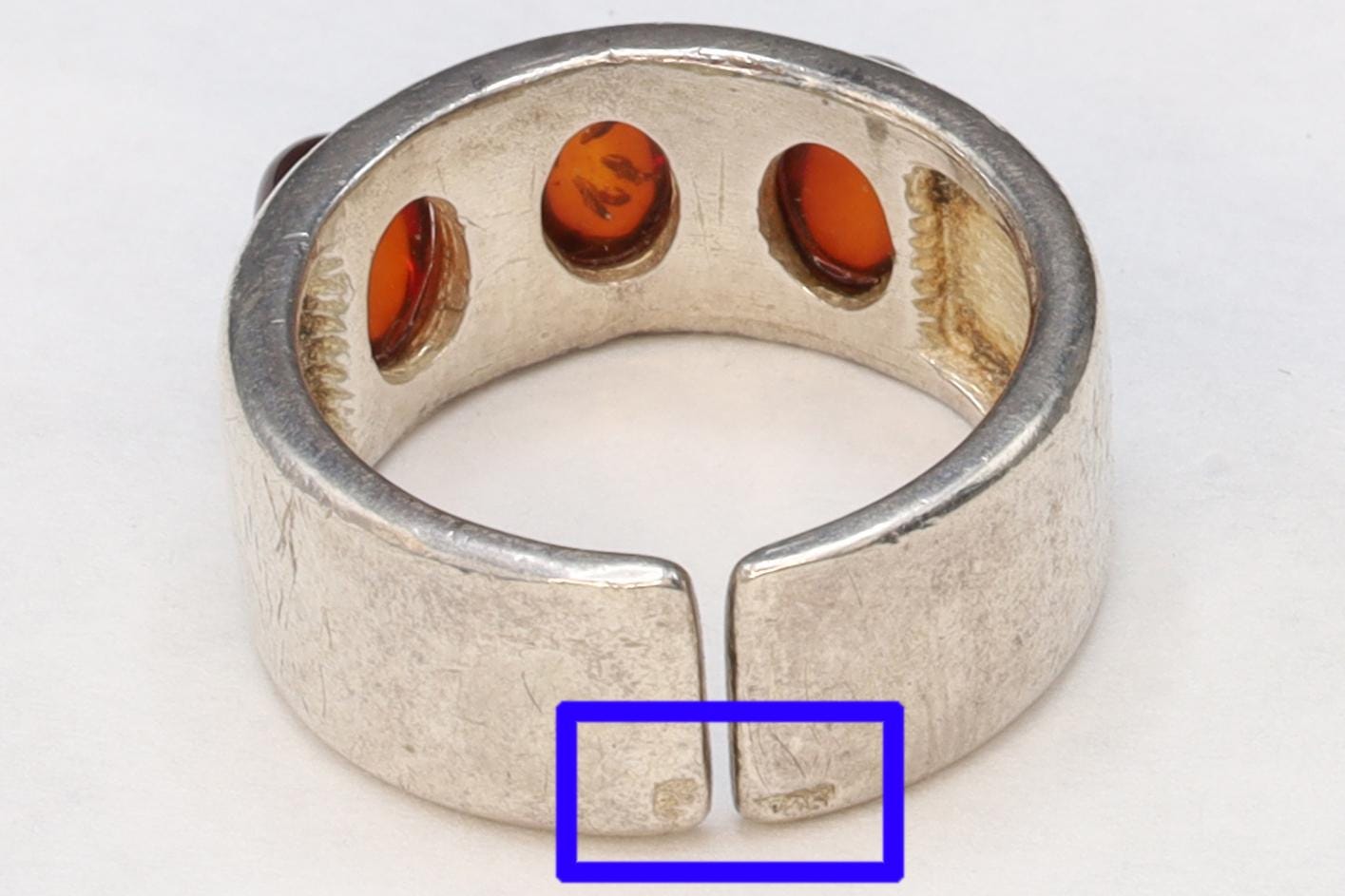 Baltic Amber And 925 Sterling Silver Ring, A Modernist Band Ring Size 8 With 3 Amber Cabochons And Hallmark, Breslau Wroclaw Poland Jewelry,