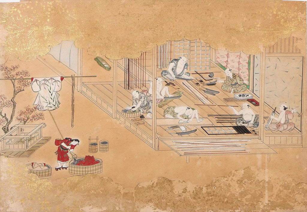 Edo Period Hand Painted Scroll, Early 19th Century Japanese Emakimono Fragment Depicting People Working In A Wood Workshop And Laundry