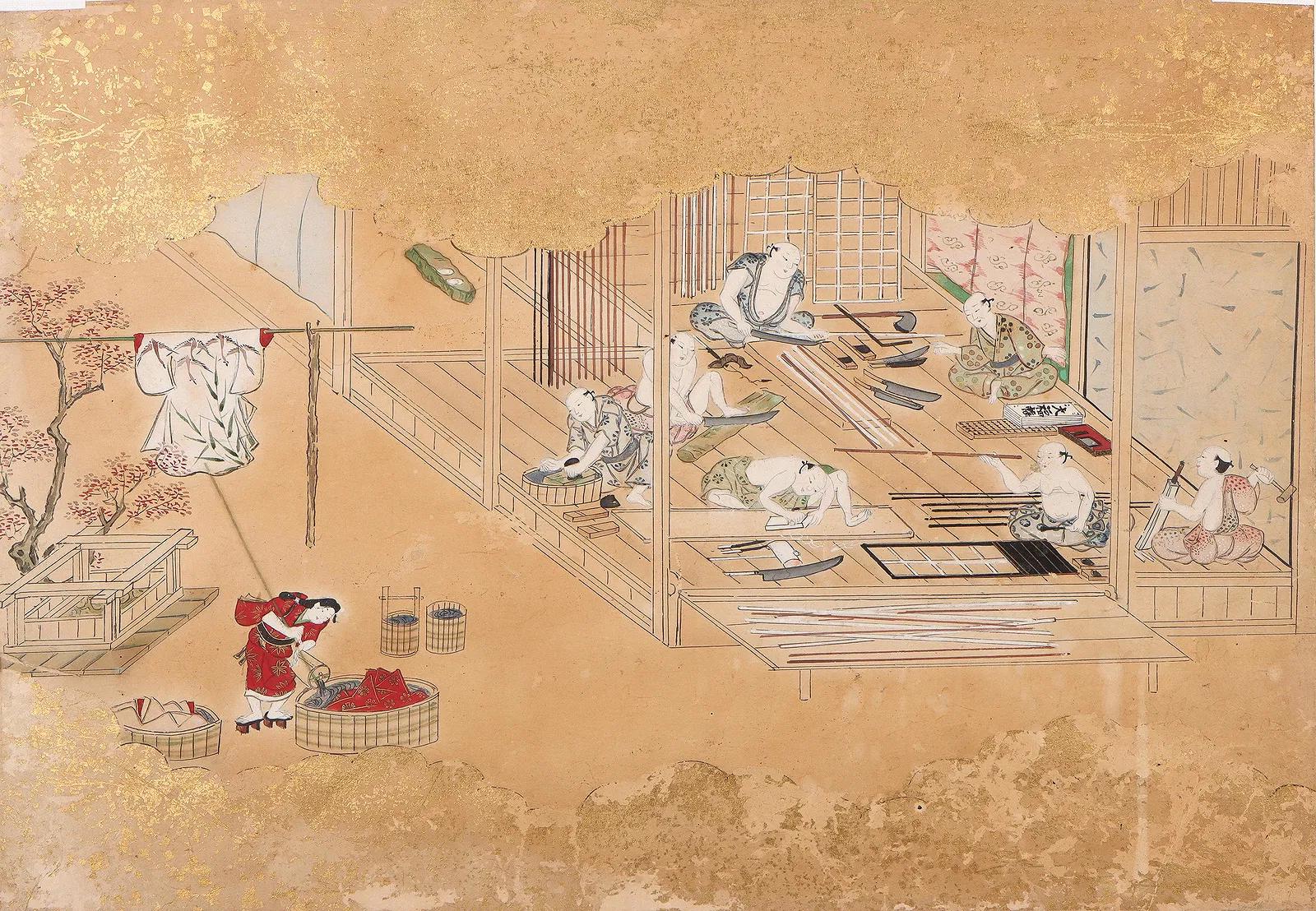 Edo Period Hand Painted Scroll, Early 19th Century Japanese Emakimono Fragment Depicting People Working In A Wood Workshop And Laundry