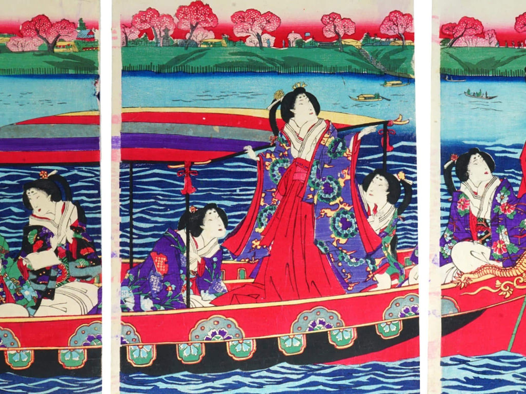 Japan 1879 Meiji Era Woodblock Print By Chikashige Morikawa, Noble Ladies On A Boat And Cherry Blossoms, Triptych Panels Set, Asian Arts