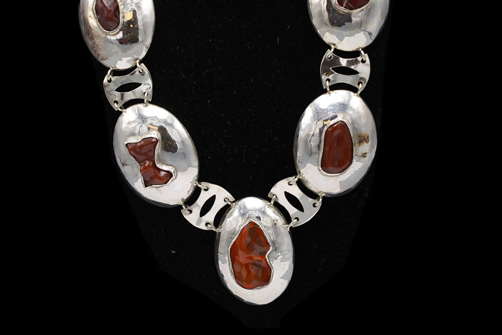 Vintage 1990s, Artisan Handmade Jewelry Piece, 925 Silver Southwestern Americana Massive Statement Necklace, Concho Necklace With Faux Amber
