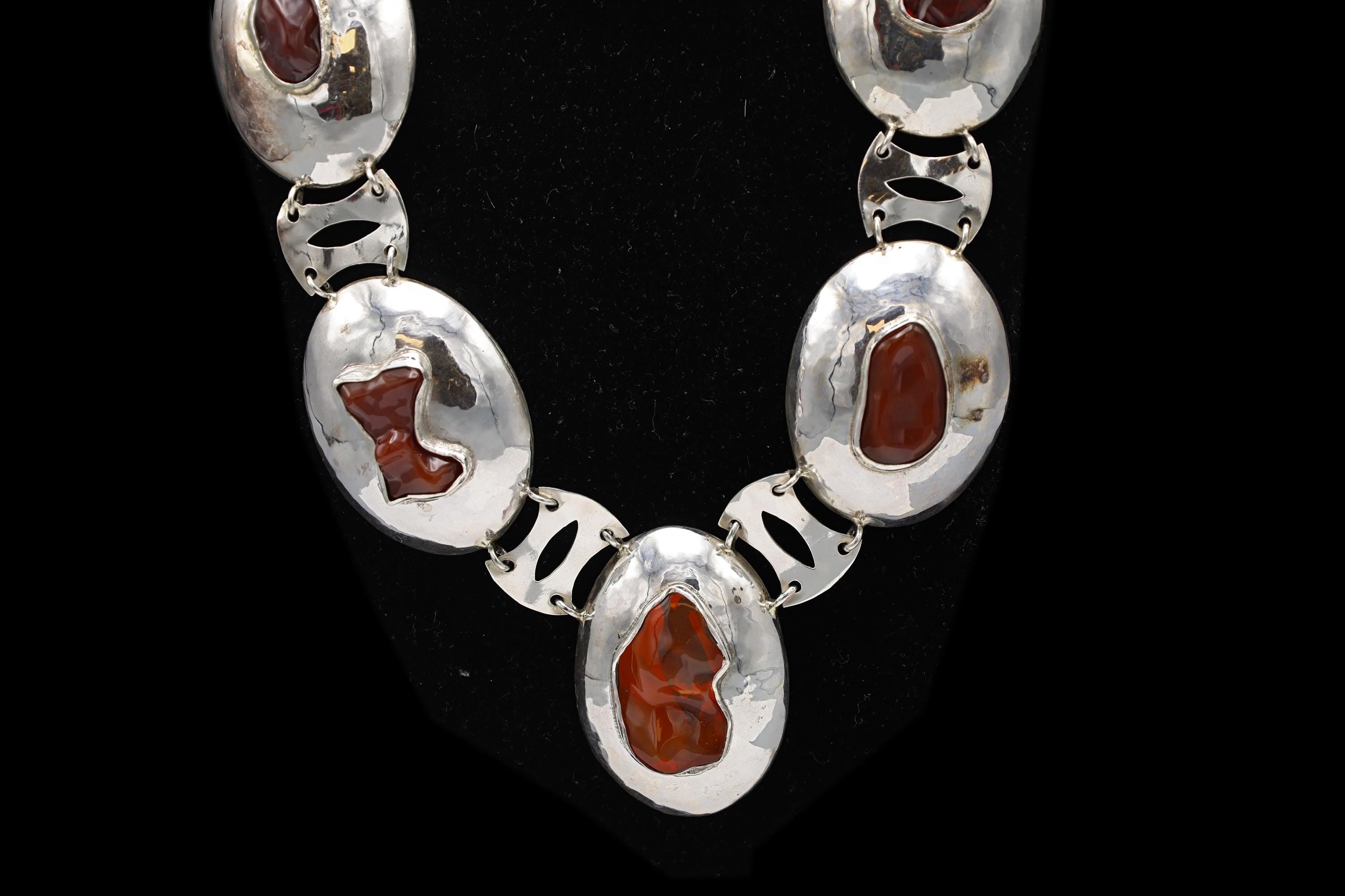 Vintage 1990s, Artisan Handmade Jewelry Piece, 925 Silver Southwestern Americana Massive Statement Necklace, Concho Necklace With Faux Amber