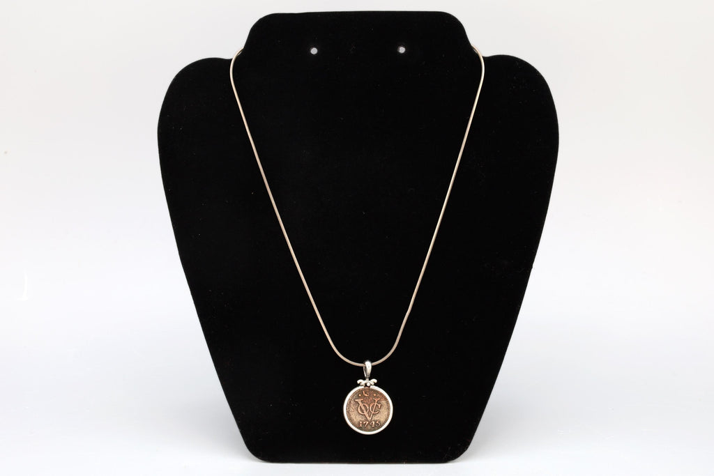 Sterling Silver Pendant With A Dutch East India Company Copper Coin VOC 1745, Coin Jewelry Art, Unisex Fashion, 18th Century Coins