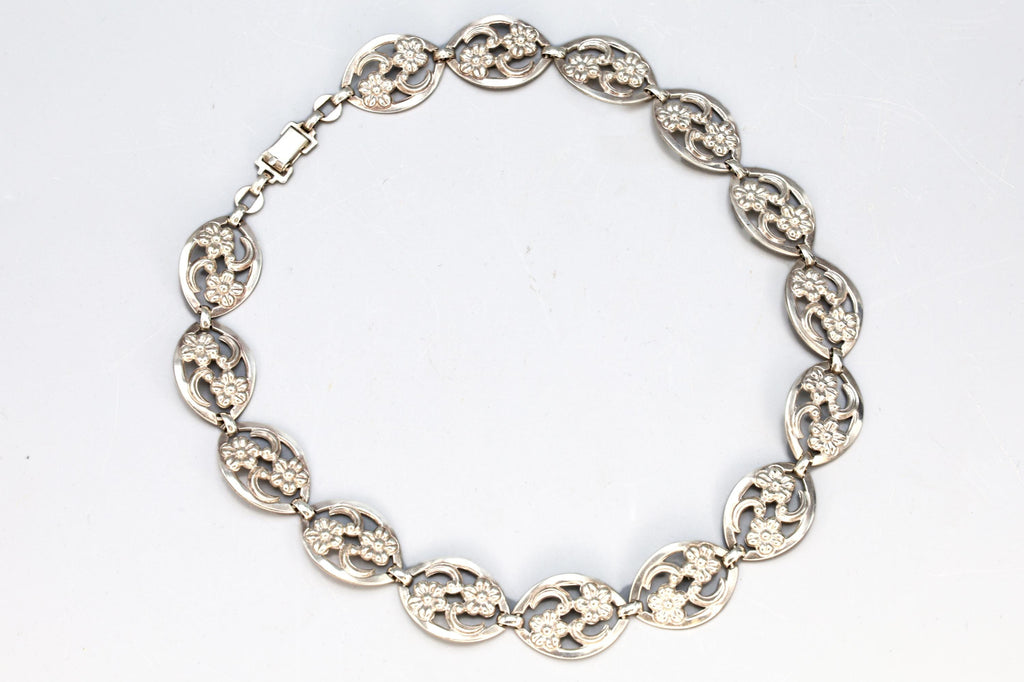 Panel Necklace With Flowers By Sterling WRE Richards, A Vintage 1950s American Jewelry, Oval Cut Out Links, Retro Fashion Accessories